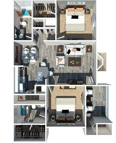 a stylized floor plan of a bedroom and living room